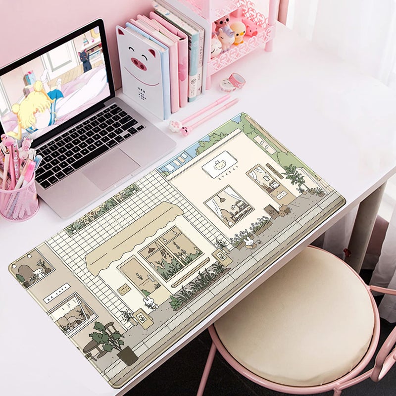 Mechanical Cattle Cute Desk Mat Kawaii Mousepad Bunny and Bear Cute Anime Japanese Street Pastel Beige Brown and Green Mouse Pad, Extra Large Deskmat Cut Laptop Pad - Image 5