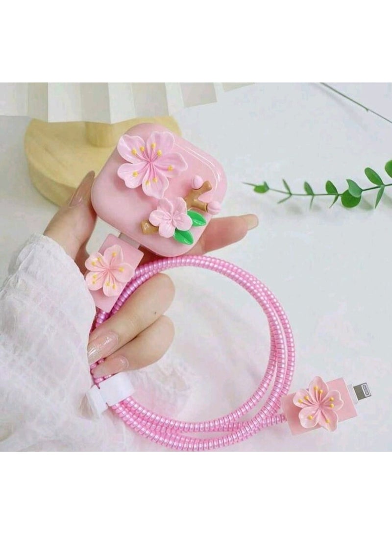 toocki pink Beautiful flower charging Cable Protector Set, Anti-Break Cable Saver Case, Compatible for iPhone 25W charger - Image 3