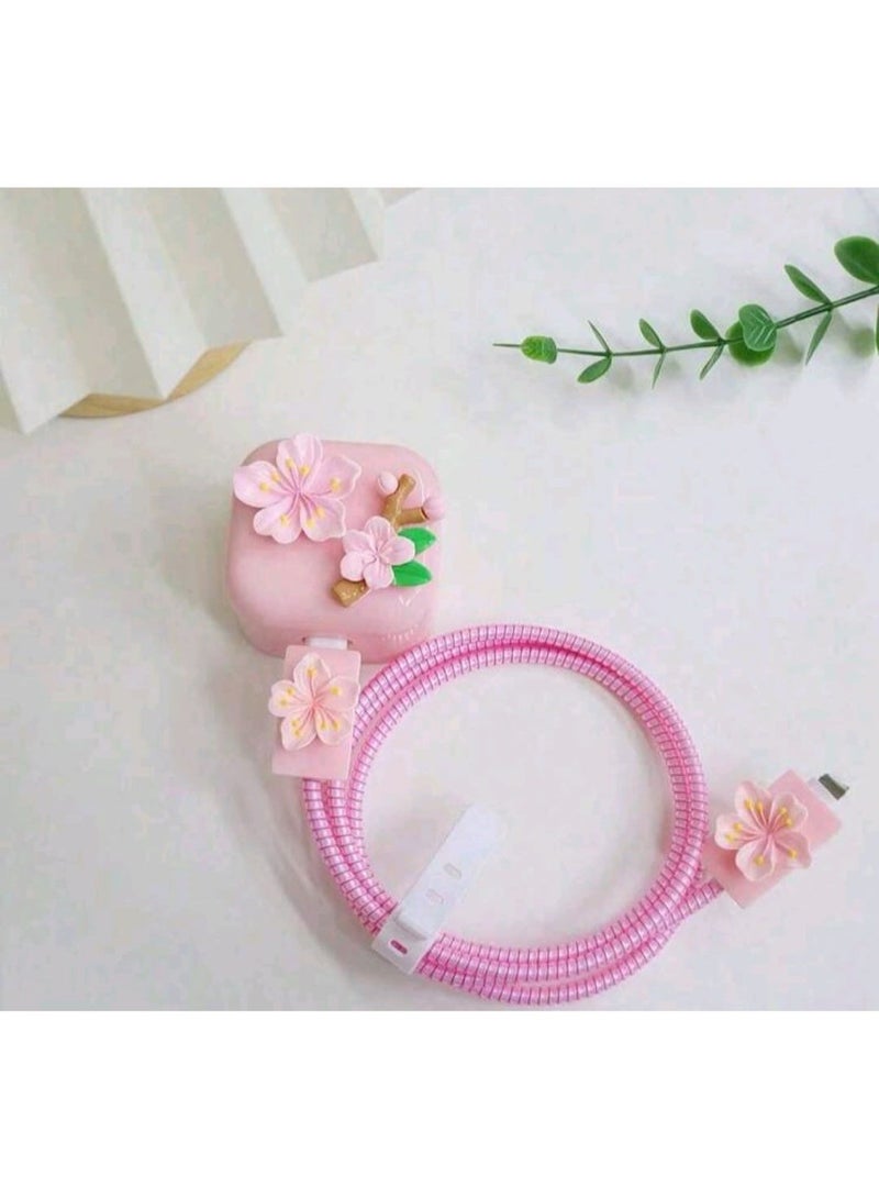 toocki pink Beautiful flower charging Cable Protector Set, Anti-Break Cable Saver Case, Compatible for iPhone 25W charger - Image 1