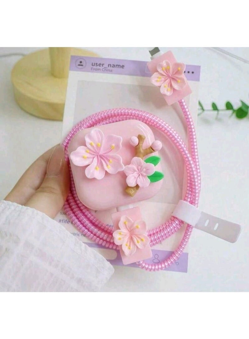 toocki pink Beautiful flower charging Cable Protector Set, Anti-Break Cable Saver Case, Compatible for iPhone 25W charger - Image 2