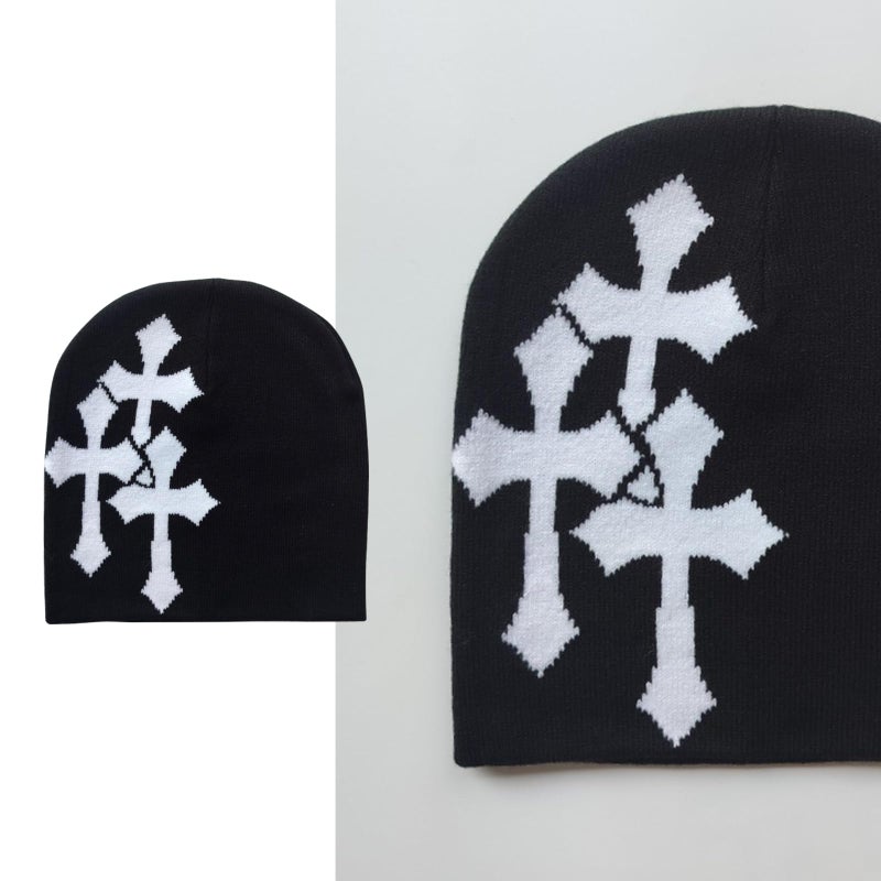QCWN Y2K Beanie for Men & Women Cross Graphic Knitted Hat, Slouchy Winter Warm Cap, Grunge Goth Cyber Aesthetics, Black - Image 5