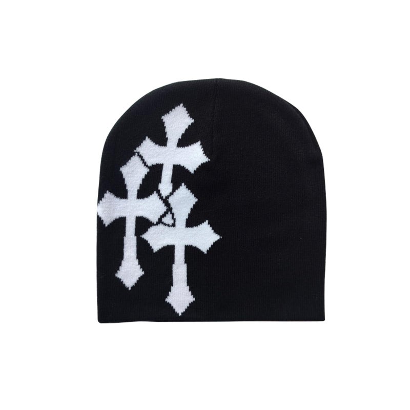 QCWN Y2K Beanie for Men & Women Cross Graphic Knitted Hat, Slouchy Winter Warm Cap, Grunge Goth Cyber Aesthetics, Black - Image 1