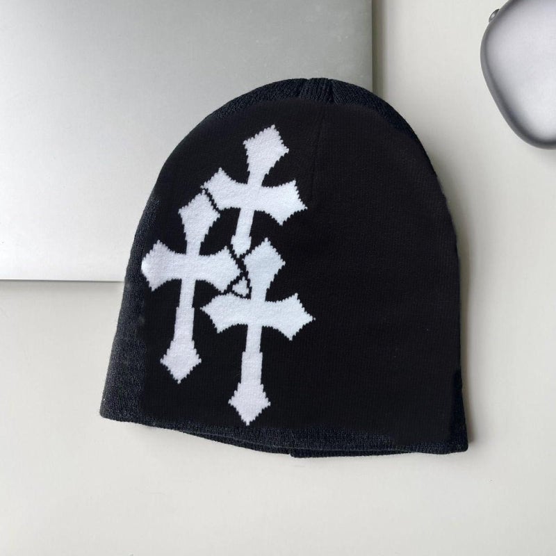 QCWN Y2K Beanie for Men & Women Cross Graphic Knitted Hat, Slouchy Winter Warm Cap, Grunge Goth Cyber Aesthetics, Black - Image 4