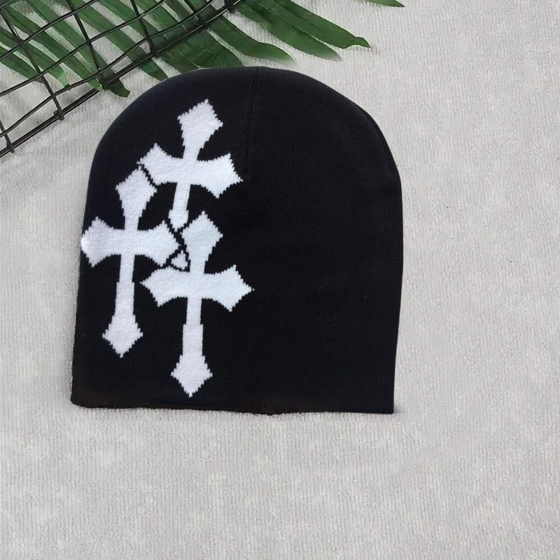 QCWN Y2K Beanie for Men & Women Cross Graphic Knitted Hat, Slouchy Winter Warm Cap, Grunge Goth Cyber Aesthetics, Black - Image 3