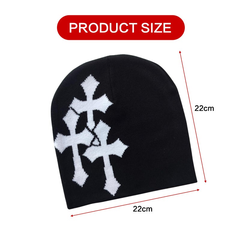 QCWN Y2K Beanie for Men & Women Cross Graphic Knitted Hat, Slouchy Winter Warm Cap, Grunge Goth Cyber Aesthetics, Black - Image 2
