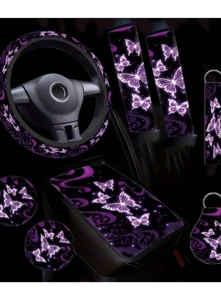 Generic Car accessories set printed in bright colors with a cute purple butterfly design of 8 pieces, 1 steering wheel cover, hand brake cover, 2 cup pads, 2 seat belt covers, car key holder and phone holder - Image 1