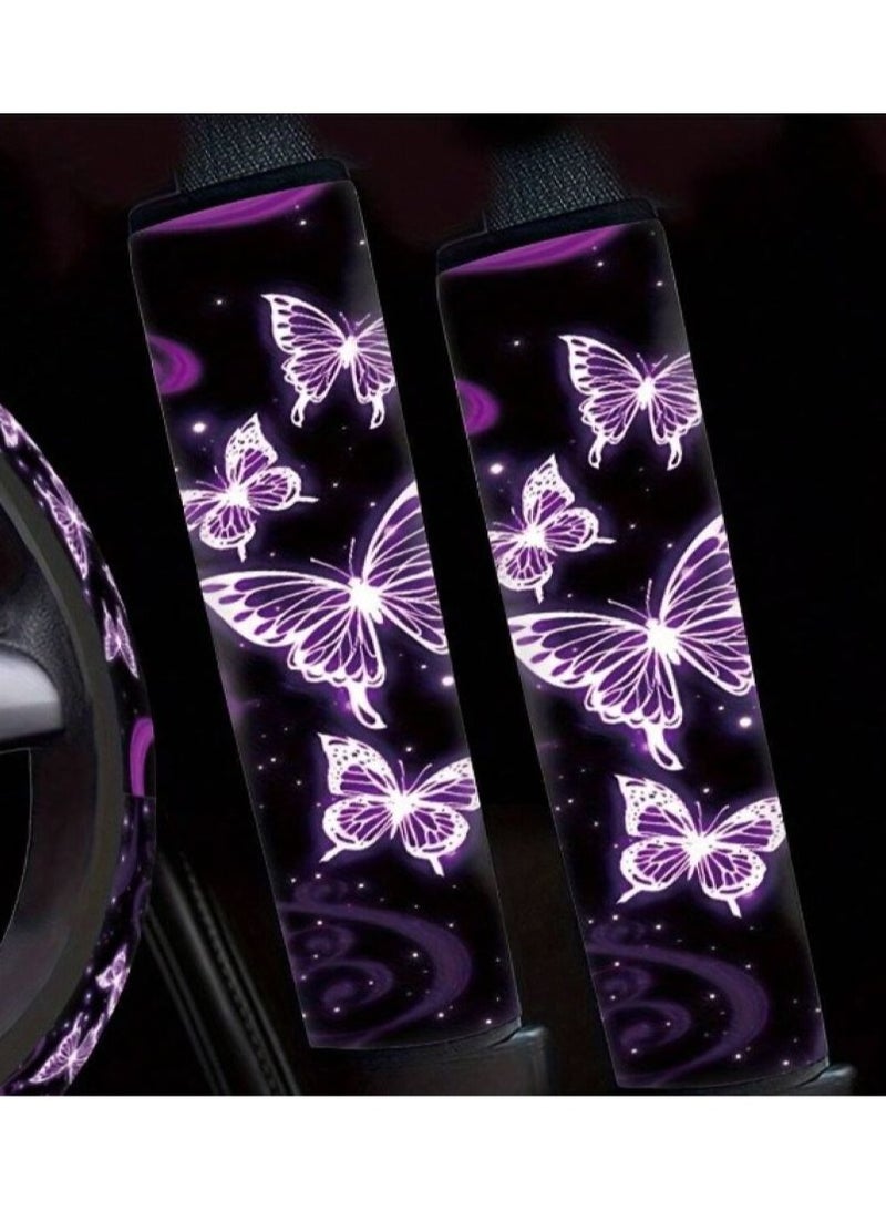 Generic Car accessories set printed in bright colors with a cute purple butterfly design of 8 pieces, 1 steering wheel cover, hand brake cover, 2 cup pads, 2 seat belt covers, car key holder and phone holder - Image 4