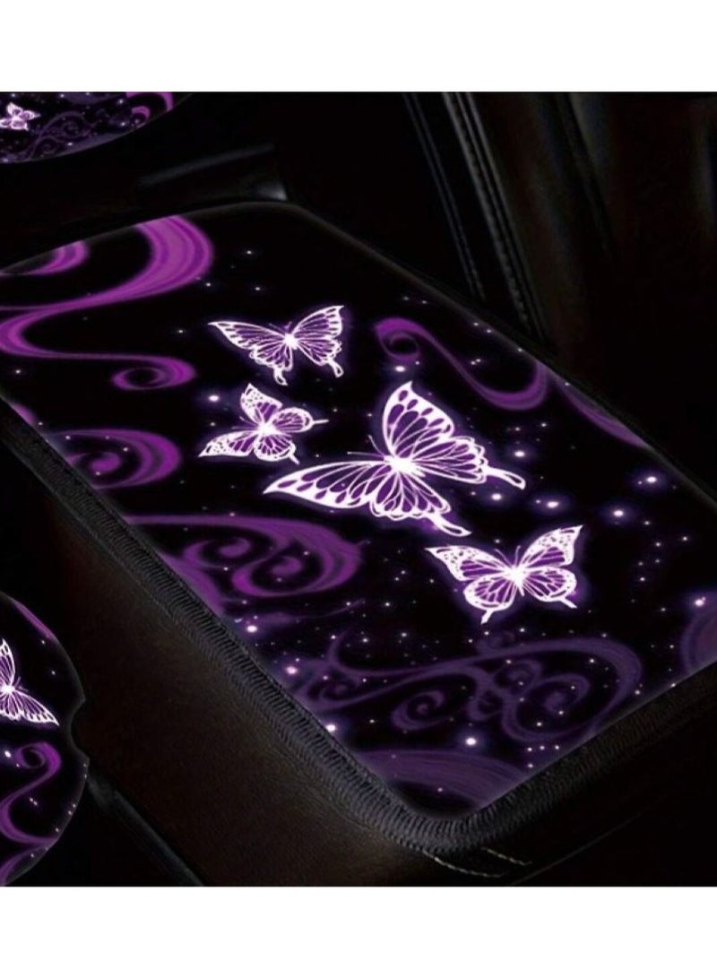 Generic Car accessories set printed in bright colors with a cute purple butterfly design of 8 pieces, 1 steering wheel cover, hand brake cover, 2 cup pads, 2 seat belt covers, car key holder and phone holder - Image 3