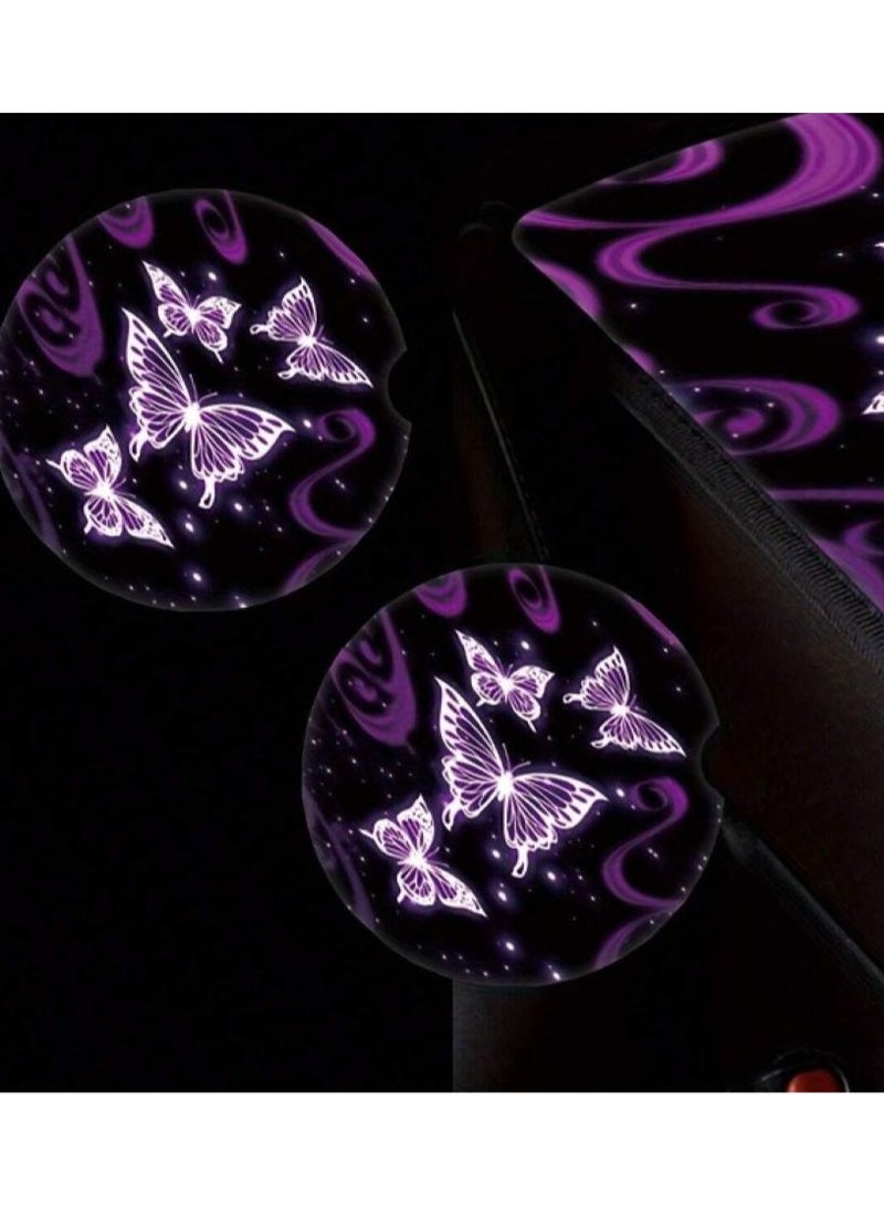 Generic Car accessories set printed in bright colors with a cute purple butterfly design of 8 pieces, 1 steering wheel cover, hand brake cover, 2 cup pads, 2 seat belt covers, car key holder and phone holder - Image 5