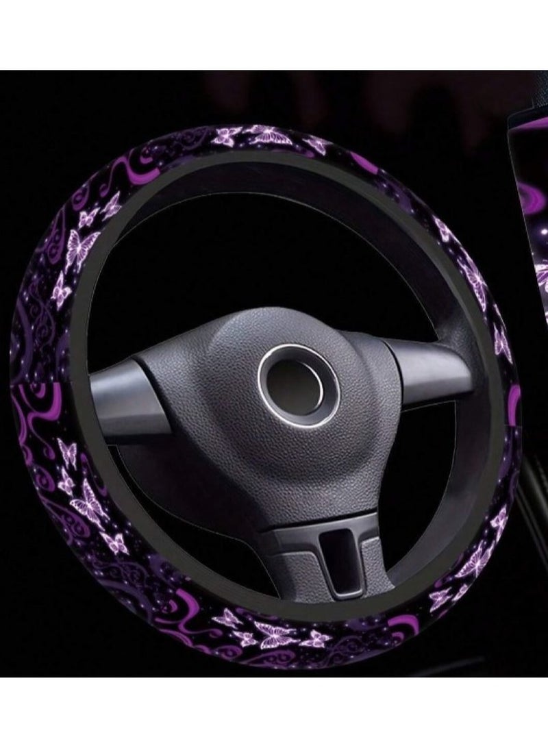 Generic Car accessories set printed in bright colors with a cute purple butterfly design of 8 pieces, 1 steering wheel cover, hand brake cover, 2 cup pads, 2 seat belt covers, car key holder and phone holder - Image 2