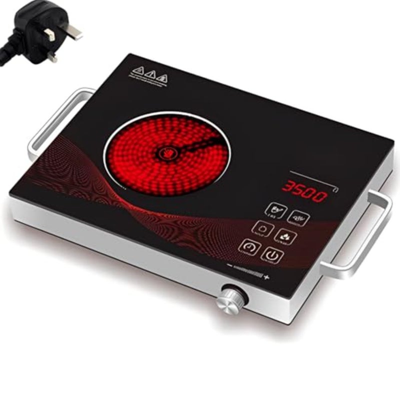Portable electric cooktop for indoor cooking, tempered glass plate, black, 3500W infrared burner with 3-hour timer and adjustable heating power - Image 1
