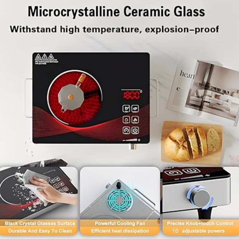 Portable electric cooktop for indoor cooking, tempered glass plate, black, 3500W infrared burner with 3-hour timer and adjustable heating power - Image 4