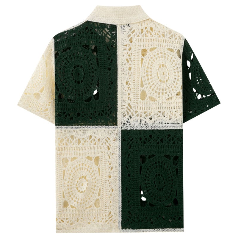 Men's Casual Short Sleeve Hollow-out Knit Polo Shirt, Beige - Image 3