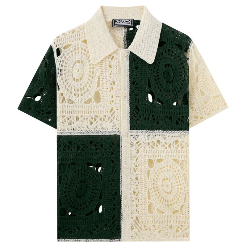 Men's Casual Short Sleeve Hollow-out Knit Polo Shirt, Beige - Image 2