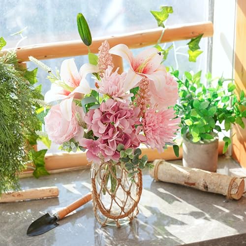 LUEUR Fake Flowers with Vase –Hydrangea & Lily Artificial Floral Arrangement, Perfect for Mother’s Day & Spring Gifts, Tabletop Centerpiece for Coffee Table, Dining Room & Farmhouse Home Decor - Image 2
