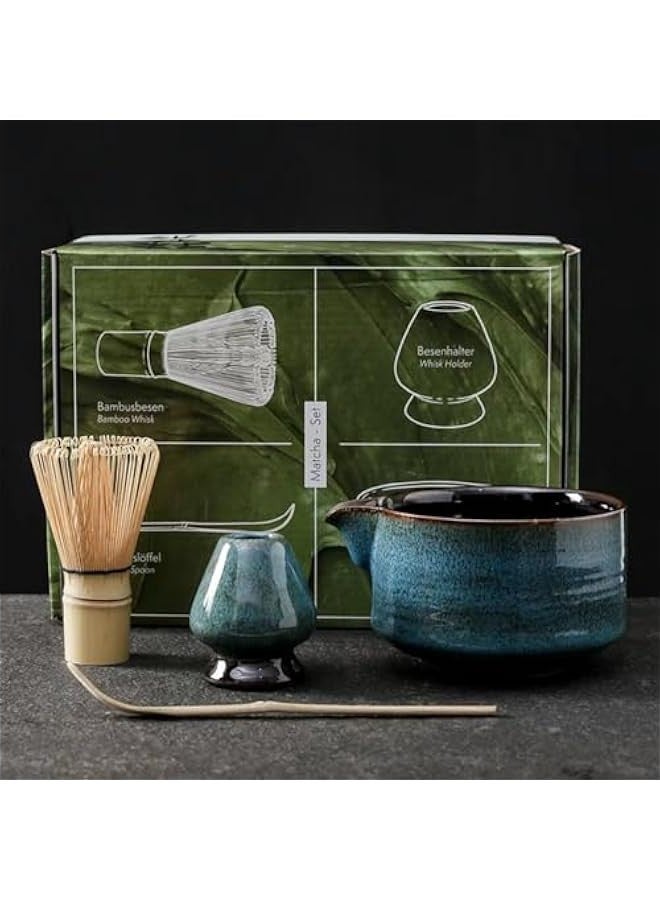 بيوينتي مجموعة شاي ماتشا الياباني، مجموعة ادوات صنع الماتشا تتضمن وعاء ماتشا مع فوهة، حامل خفاقة ماتشا وخفاقة ماتشا ومغرفة، مجموعة ماتشا من السيراميك اللامع سعة 17 اونصة لمحبي الشاي (ازرق) - Image 1