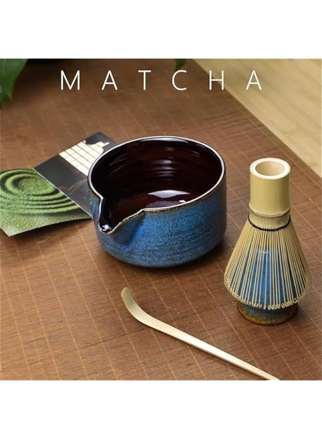 بيوينتي مجموعة شاي ماتشا الياباني، مجموعة ادوات صنع الماتشا تتضمن وعاء ماتشا مع فوهة، حامل خفاقة ماتشا وخفاقة ماتشا ومغرفة، مجموعة ماتشا من السيراميك اللامع سعة 17 اونصة لمحبي الشاي (ازرق) - Image 2