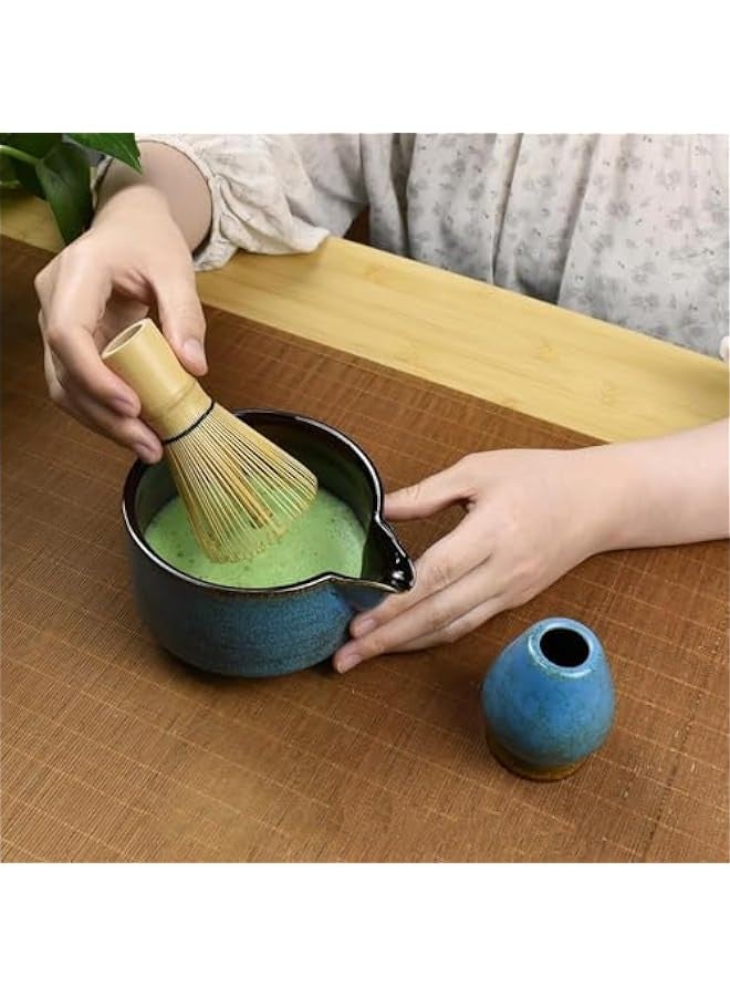 بيوينتي مجموعة شاي ماتشا الياباني، مجموعة ادوات صنع الماتشا تتضمن وعاء ماتشا مع فوهة، حامل خفاقة ماتشا وخفاقة ماتشا ومغرفة، مجموعة ماتشا من السيراميك اللامع سعة 17 اونصة لمحبي الشاي (ازرق) - Image 4