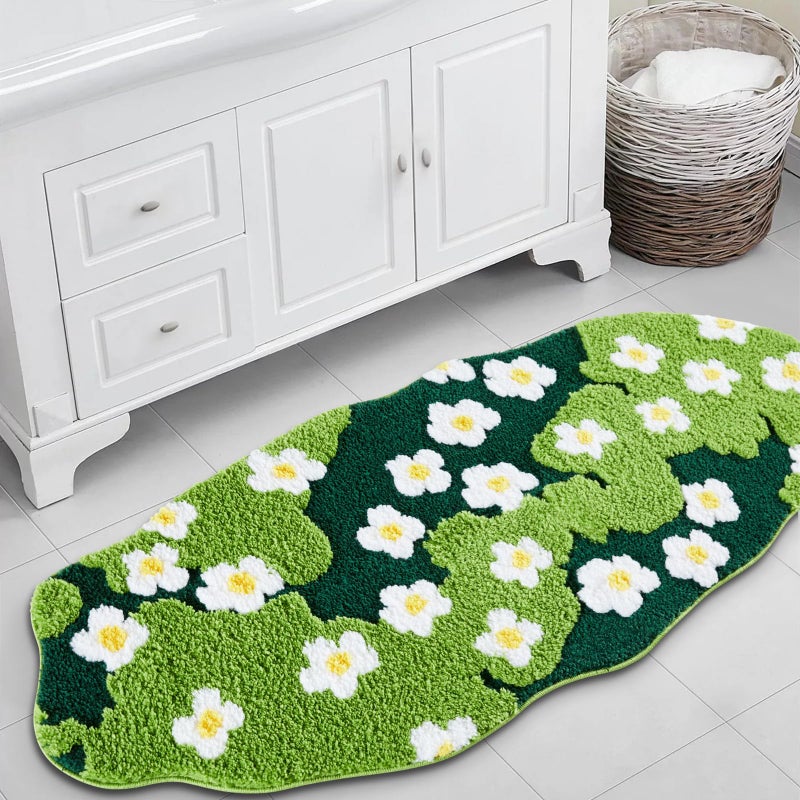 Ouyattle Cute Green Floral Bathroom Runner Rugs Extra Long Bath Mat 24''W x 60''L Non Slip Washable, Modern Chic Boho Aesthetic Trendy Funky Grass Throw Runner Rugs for Kitchen Bedroom Entryway - Image 2