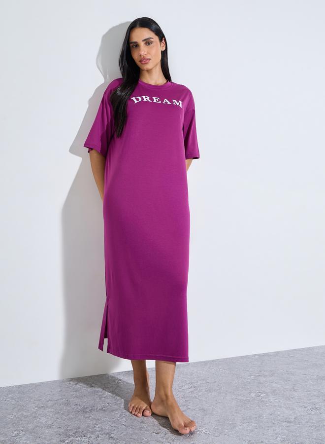 Styli Magenta Slogan Print Short Sleeve Sleep T-Shirt Dress - Image 1
