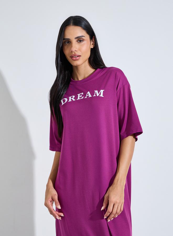 Styli Magenta Slogan Print Short Sleeve Sleep T-Shirt Dress - Image 2