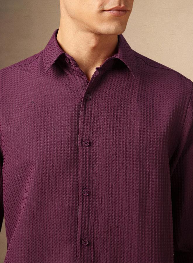 Dennis Lingo Men's Maroon 100% Polyester Solid Textured Button Down Regular FiT-Shirt  - Image 5