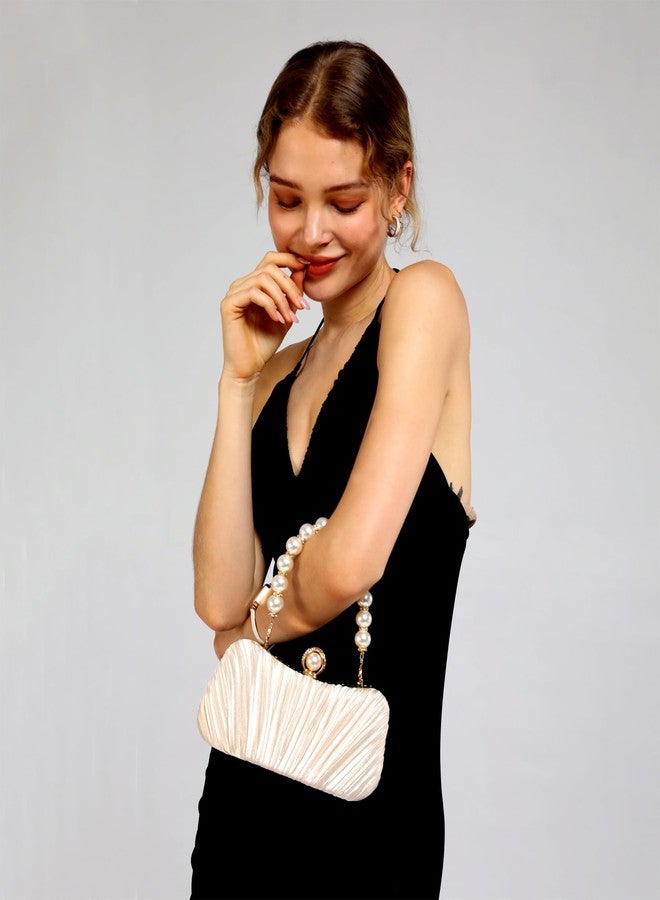Menurra Clutch Purse Evening Bag Satin Pearl Purse Handbag for Bridal Wedding Porm (champange) - Image 3