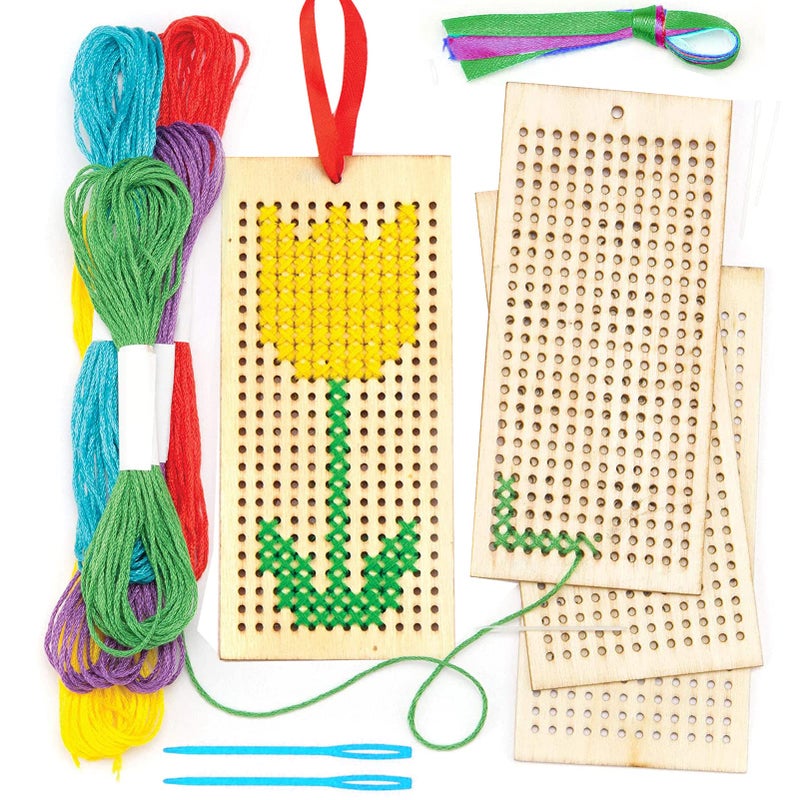 Wooden Bookmark Cross Stitch Kits 4 Pack Embroidery Starter Kit Embroidery Set Cross Stitch Bookmark Kits with Cross Stitch Frame Needles Threads Ribbons for Kids Beginners DIY Project Art Craft