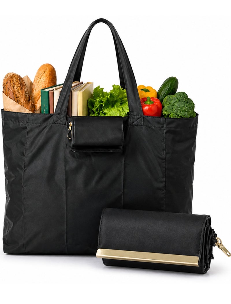 Foldable Grocery Shopping Tote Bag Made of Nylon Fabric - Portable Handbag Folds to Mini Pocket Wallet Size, Lightweight & Waterproof with Golden Hanging Buckle Clip for Travel, Trips & Supermarket - Black - Image 1