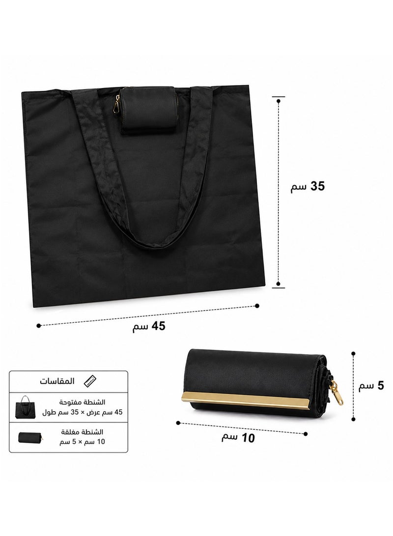 Foldable Grocery Shopping Tote Bag Made of Nylon Fabric - Portable Handbag Folds to Mini Pocket Wallet Size, Lightweight & Waterproof with Golden Hanging Buckle Clip for Travel, Trips & Supermarket - Black - Image 3