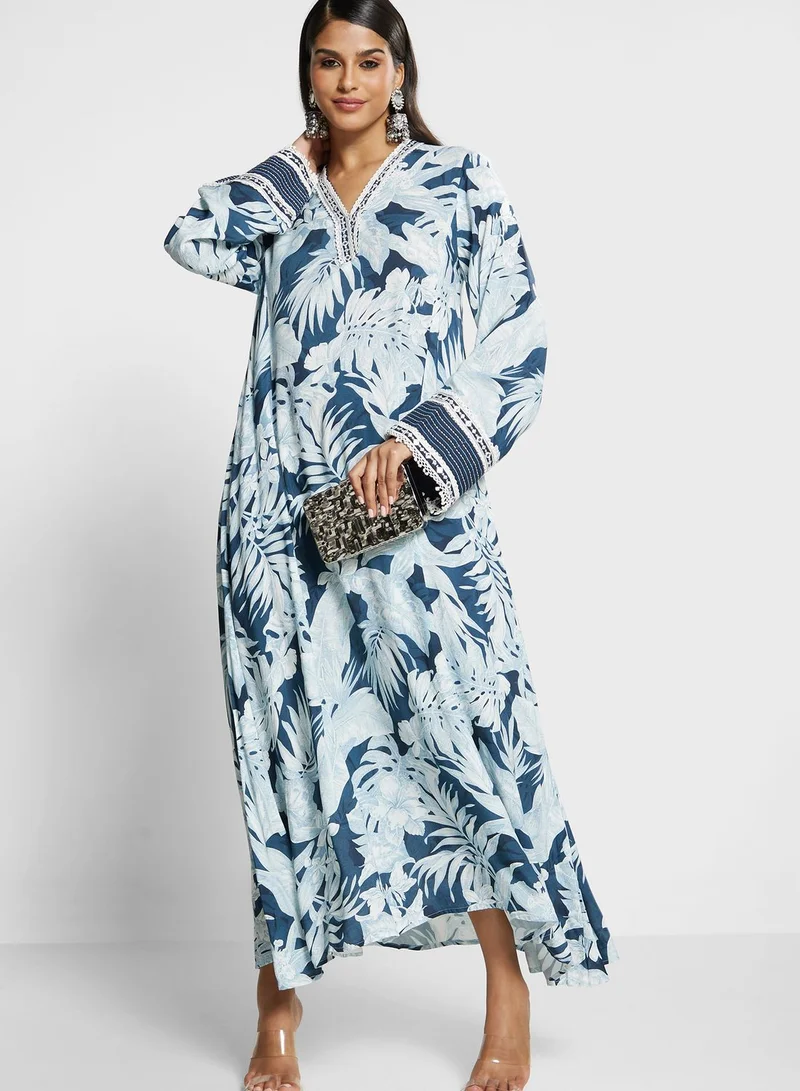 Biba Floral Printed V-Neck Jalabiya