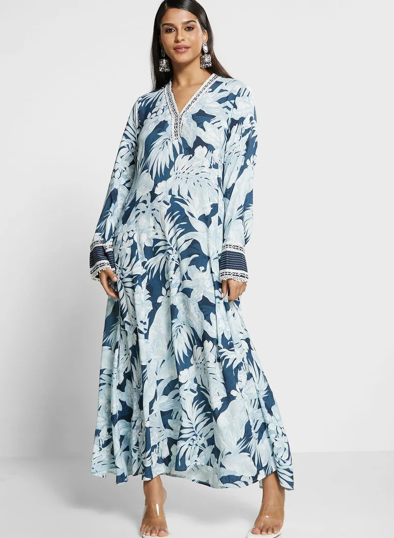 Biba Floral Printed V-Neck Jalabiya