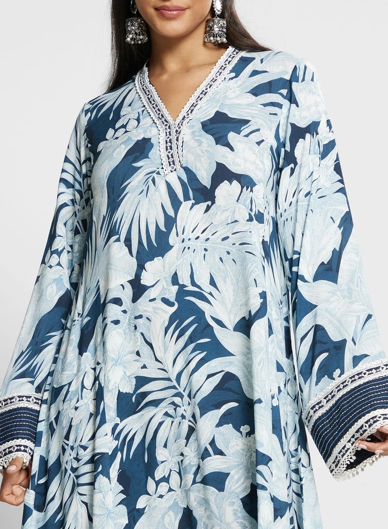 Biba Floral Printed V-Neck Jalabiya