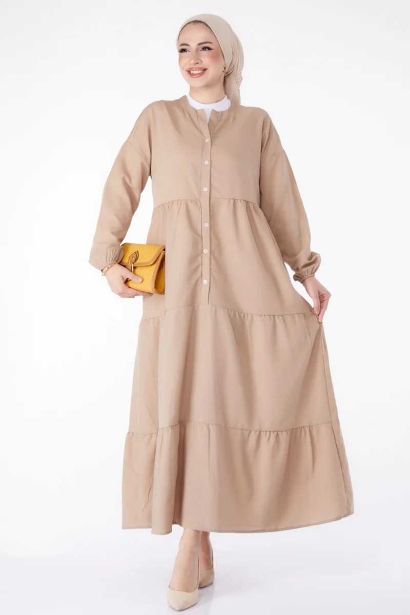 Tofisa Plain Judge Collar Women's Mink Pleated Placket Detail Dress - 13156