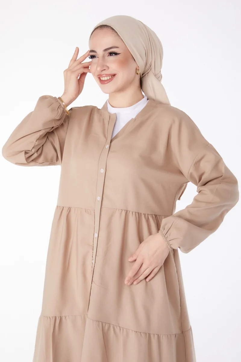 Tofisa Plain Judge Collar Women's Mink Pleated Placket Detail Dress - 13156
