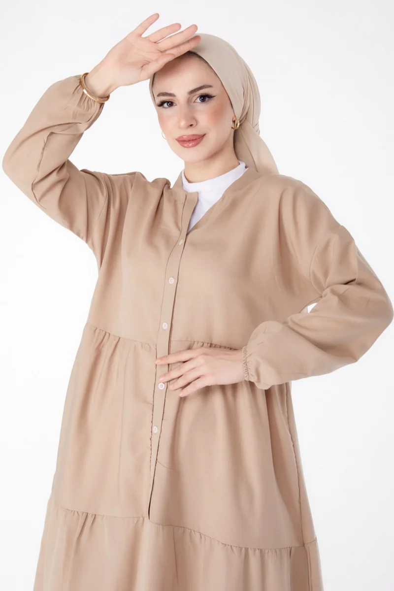 Tofisa Plain Judge Collar Women's Mink Pleated Placket Detail Dress - 13156