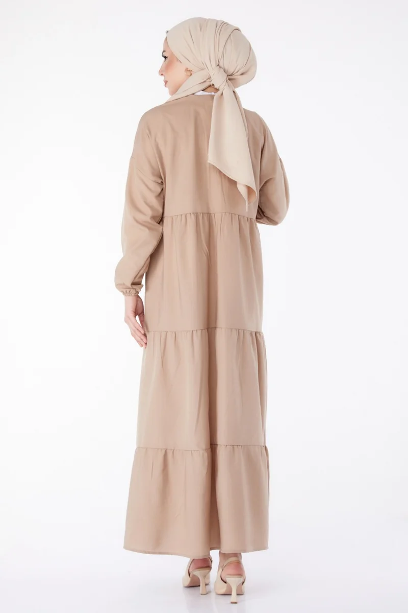 Tofisa Plain Judge Collar Women's Mink Pleated Placket Detail Dress - 13156