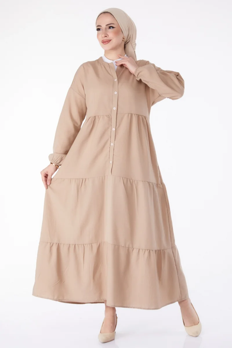 Tofisa Plain Judge Collar Women's Mink Pleated Placket Detail Dress - 13156