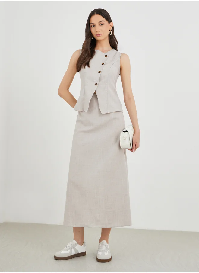 تايك تو Take Two Solid Front Button Top and Midi Skirts Co-Ords
