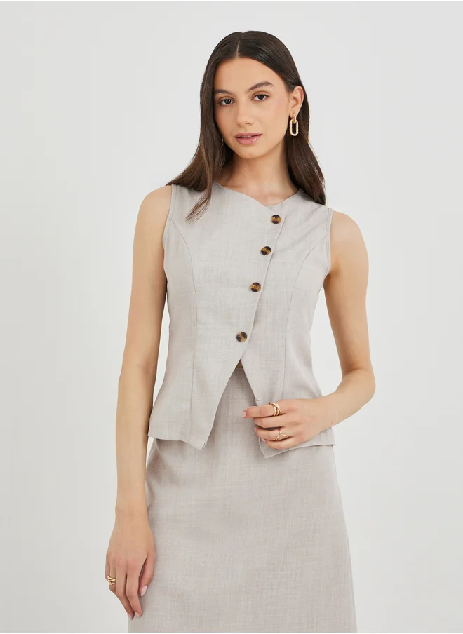 تايك تو Take Two Solid Front Button Top and Midi Skirts Co-Ords
