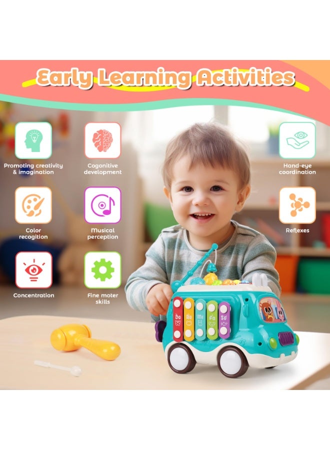 WALALLA Baby Bus Montessori Musical Toy for 1~3 Years Toddlers with Sound & Light, with Xylophone/Hammering/Fishing Game/Windmill & Gear Rotation etc Sensory Learning,Gift for Boys & Girls (Blue) - Image 2