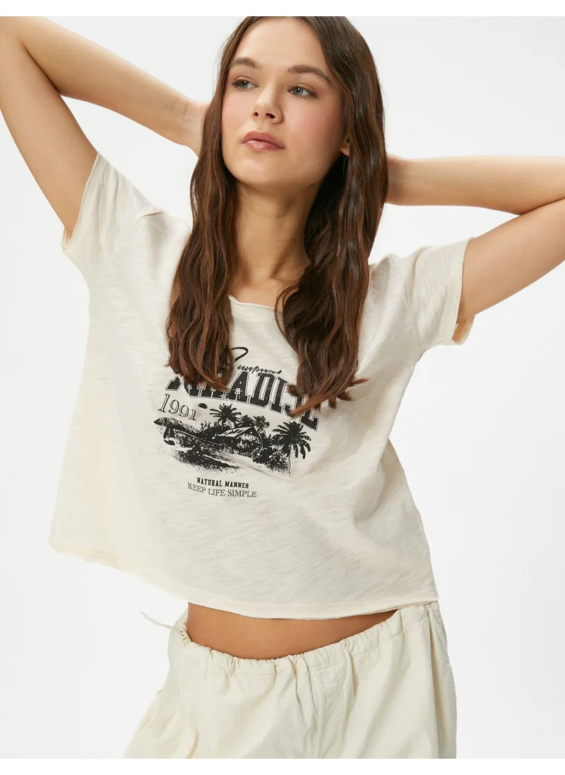 كوتون Boat Neck T-Shirt Printed Short Sleeve Cotton