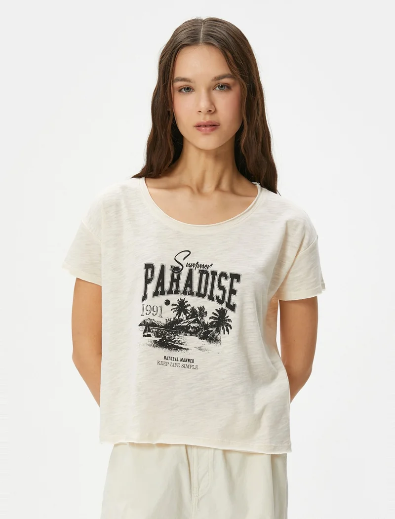 كوتون Boat Neck T-Shirt Printed Short Sleeve Cotton