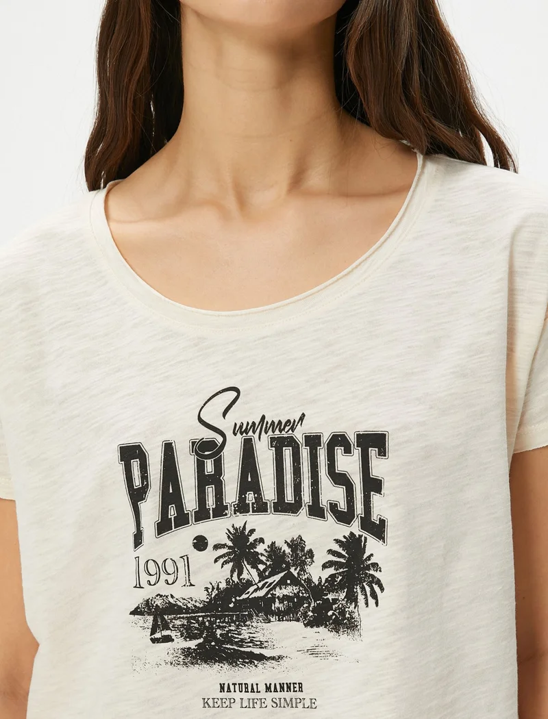 كوتون Boat Neck T-Shirt Printed Short Sleeve Cotton