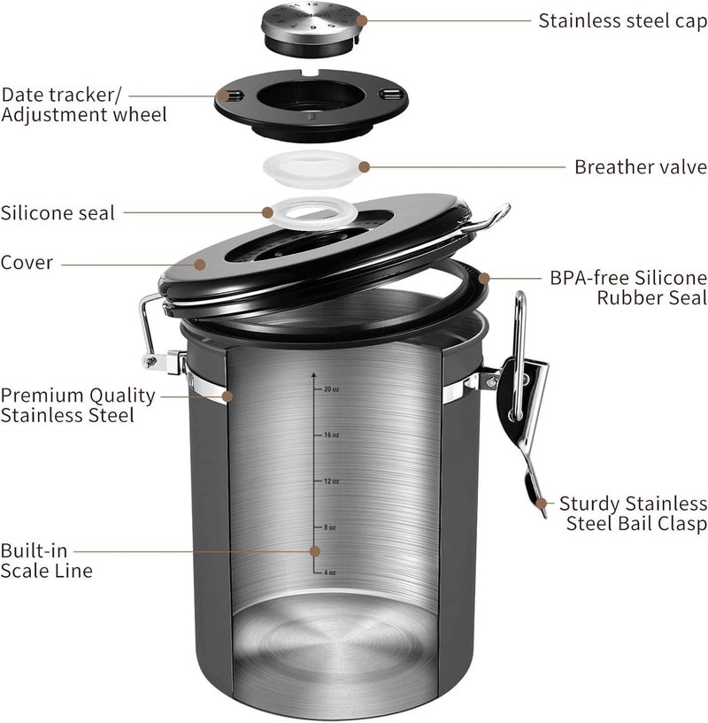 Veken Coffee Canister with Window  Airtight Stainless Steel Kitchen Food Storage Container with Date Tracker and Scoop for Grounds Coffee  Beans  Tea  Flour  Cereal  Sugar  22OZ  Grey - Image 5