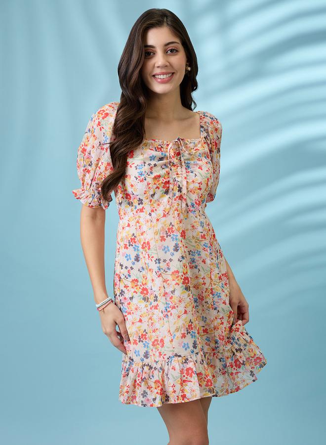 globus White Floral Printed Puff Sleeves Ruffle Hem Mini Dress - Image 1