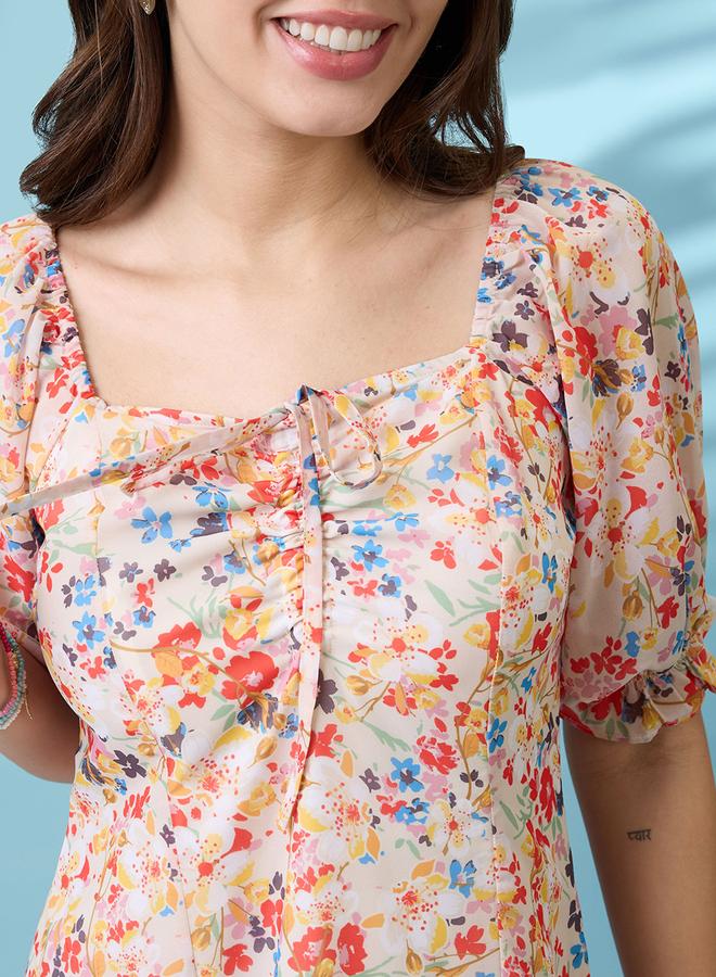 globus White Floral Printed Puff Sleeves Ruffle Hem Mini Dress - Image 4