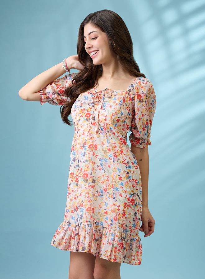 globus White Floral Printed Puff Sleeves Ruffle Hem Mini Dress - Image 2