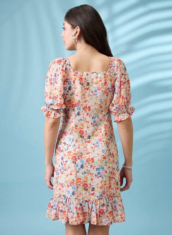 globus White Floral Printed Puff Sleeves Ruffle Hem Mini Dress - Image 3