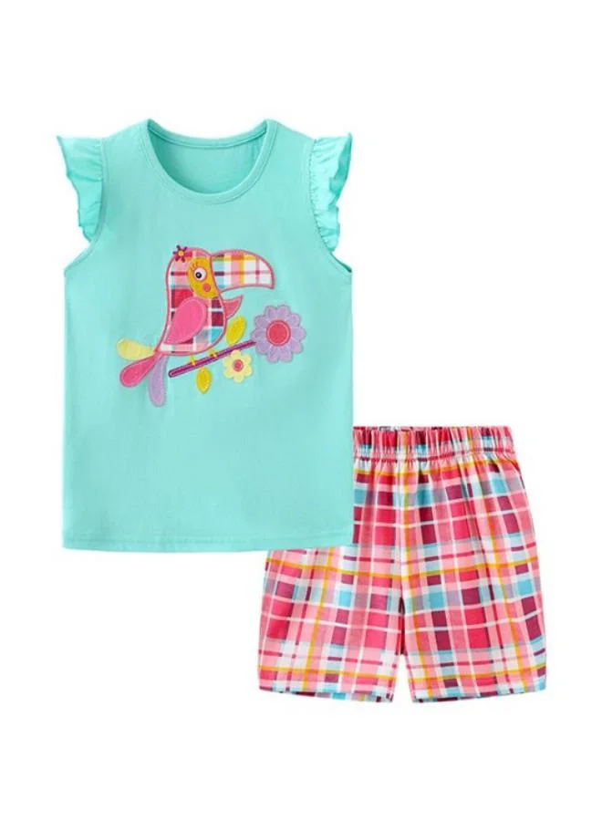 يونيكي Blue Crew Neck Cap Sleeve Printed Tshirt & Shorts